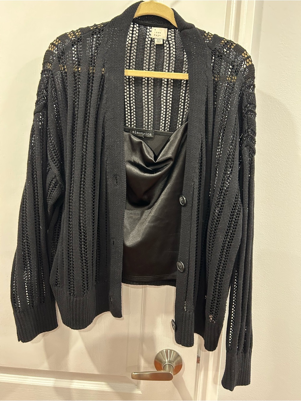 Electric Family Black Open-Knit Button Front Cardigan